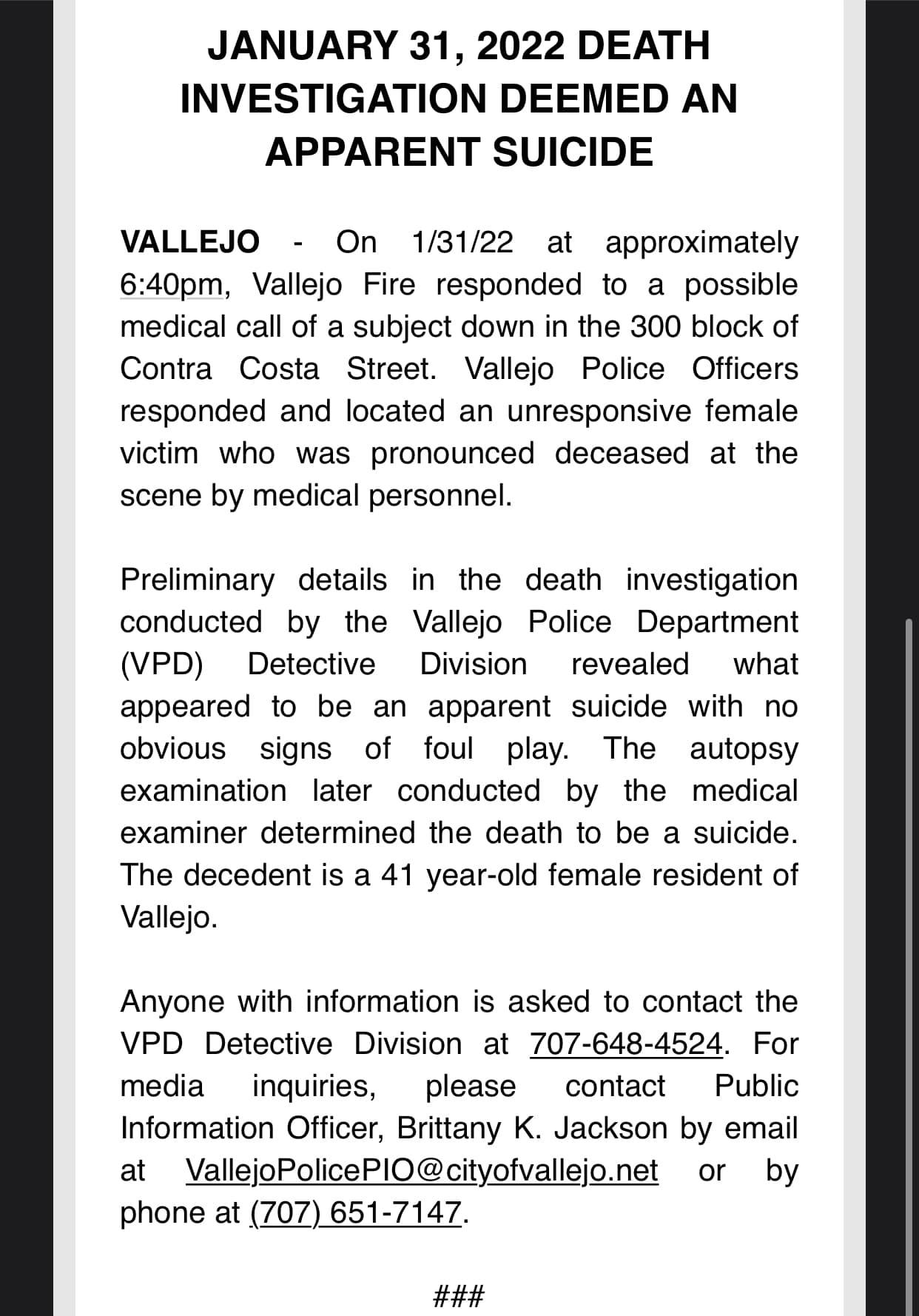 Vallejo PD says it was Suicide