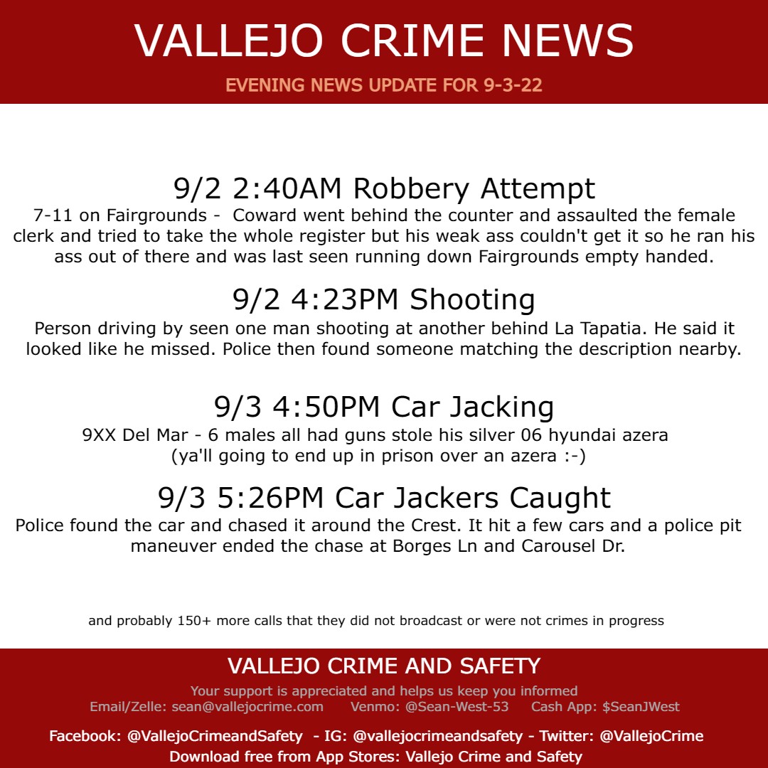Vallejo Crime News 9/2 & 9/3